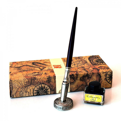 Set de scris retro cu toc de lemn si calimara